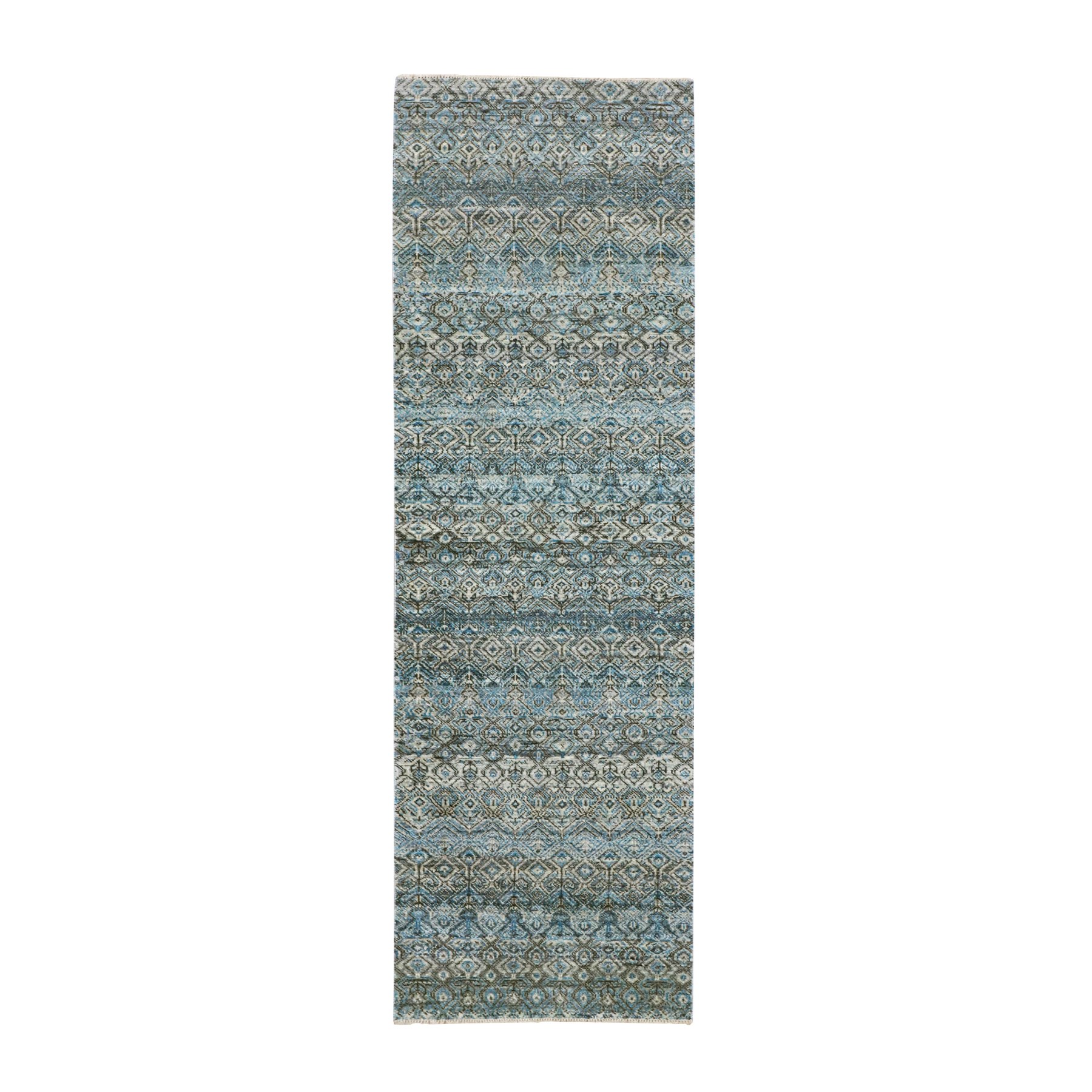 2'6"x8' Maul Blue, Borderless Hand Knotted, Kohinoor Herat with Small Diamond Shape Repetitive Design, All Wool, Runner Oriental Rug 